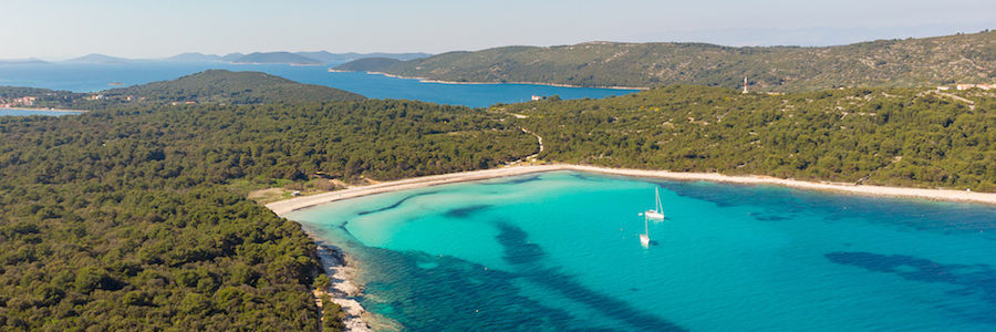 Spectacular aerial sea landscape of sandy beach and crystal clear water. Sakarun bay, Dugi otok.