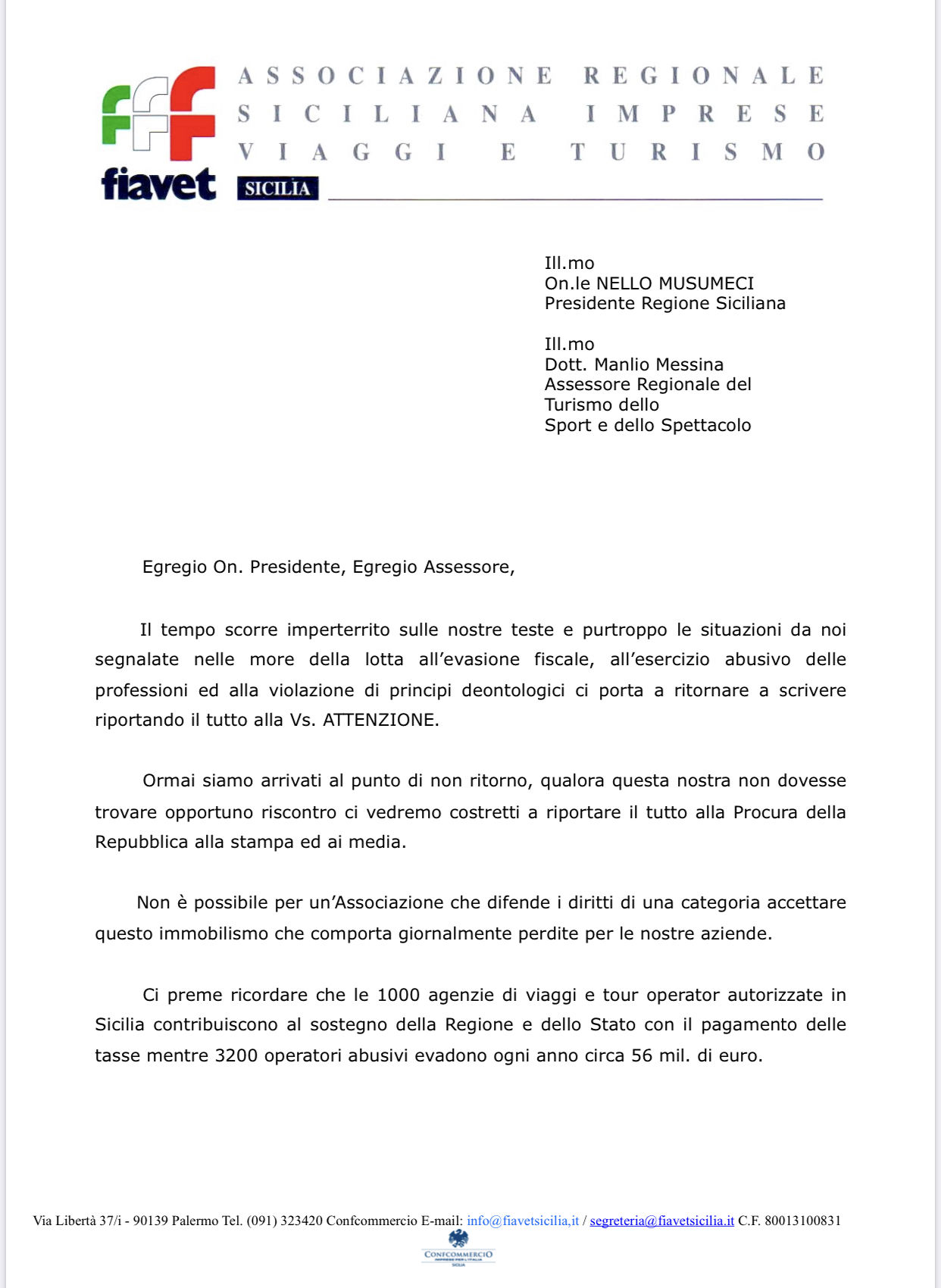 La lettera di Fiavet Sicilia