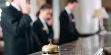 Hotel service bell Concept hotel, travel, room,Modern luxury hotel reception counter desk on background