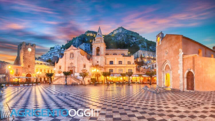 Belvedere of Taormina and San Giuseppe church on the square Piazza IX Aprile in Taormina. Sicily, Italy